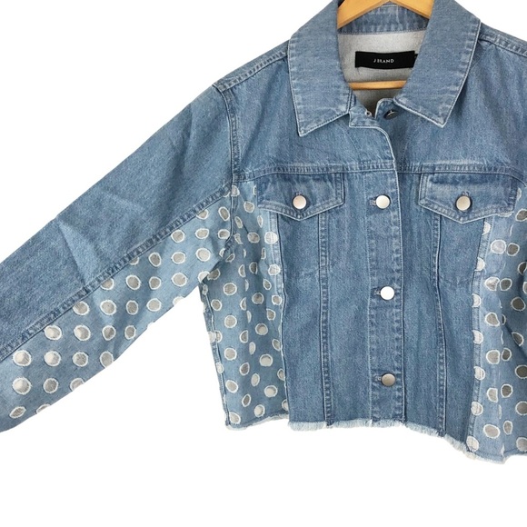 New with tag J Brand Women’s Cyra Polka Dot Panel Crop Denim Blue Jean Jacket - Picture 9 of 16